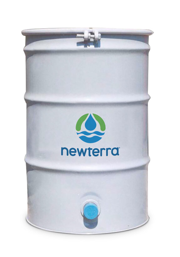 Lidded white metal drum with a blue outlet plug branded with Newterra brand name and logo