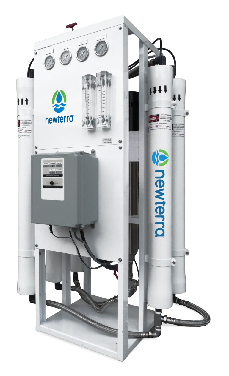 A product image with a white background of an EPRO reverse osmosis water filtration system consisting of a green metal frame with five vertically oriented water filters connected by metal hoses with an electrical panel with gauges