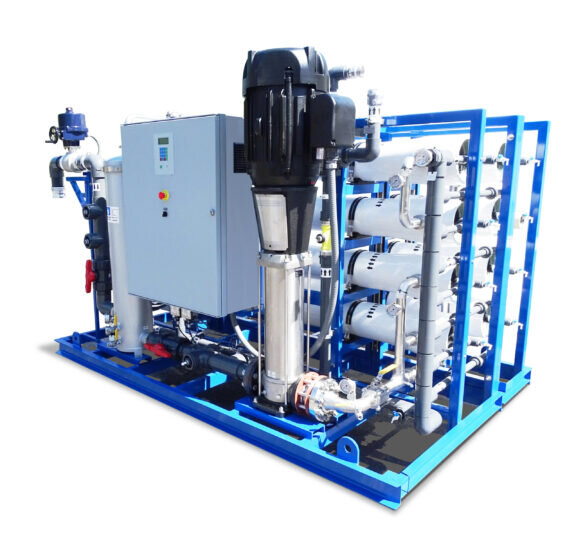 Product image with a white background for an EPRO reverse osmosis water filtration system consisting of a blue metal frame with u shaped supports holding eight high pressure filtration tubes, two vertical filters, and a control panel with the components connected by pipes and tubes with valves and gauges