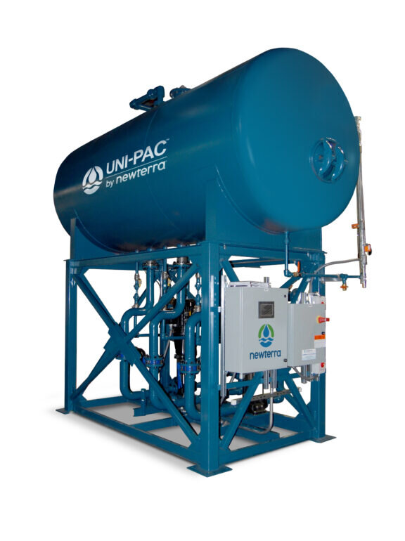 A Uni-pac by Newterra system consisting of a blue metal frame made of dimensional steel, with an electrical panel, pipes of various sizes connected to an elevated horizontal tank with components and valves on the pipes and tank.